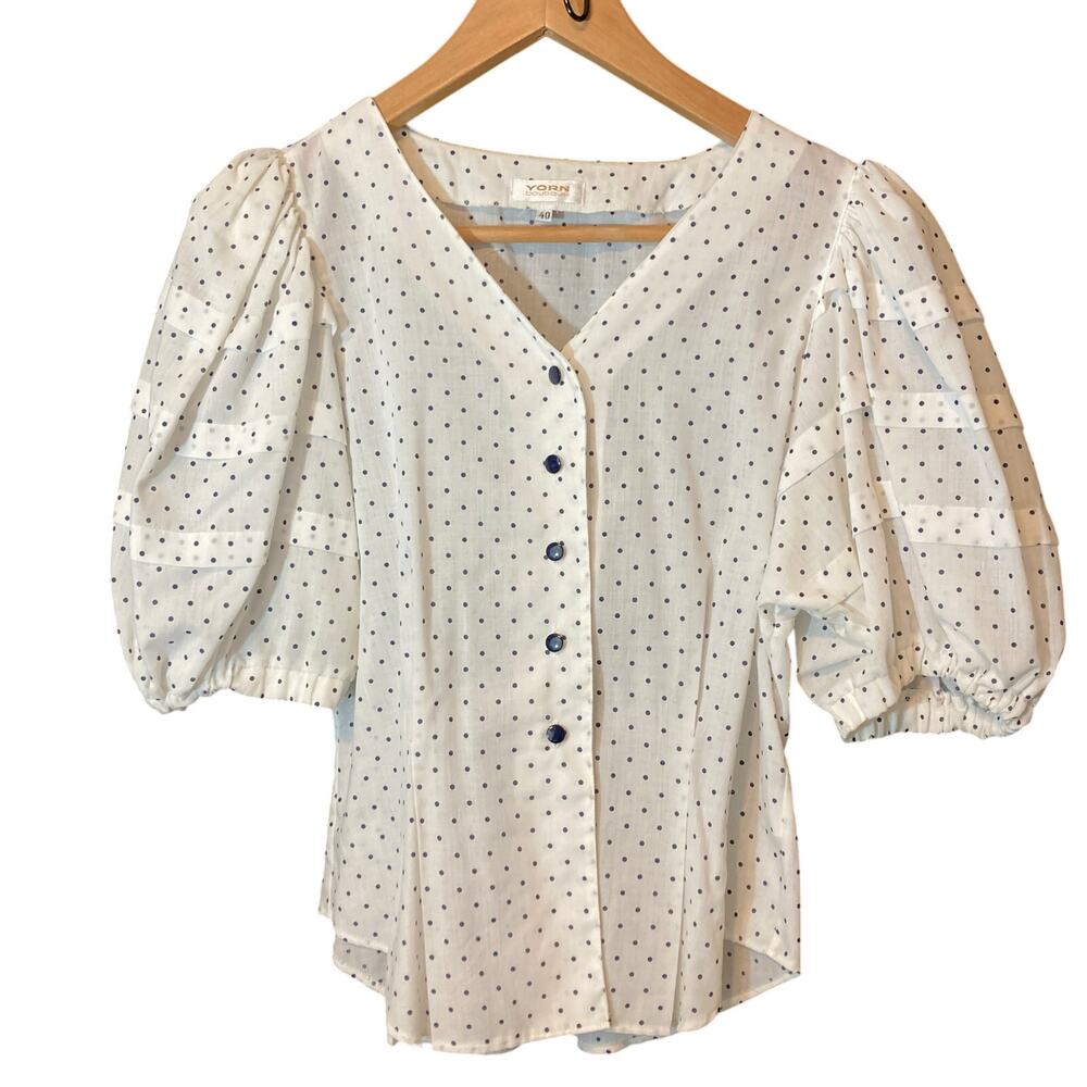 Yorn Boutique White Black Polka Dot Button Up V-Neck Puff Sleeve Blouse Top